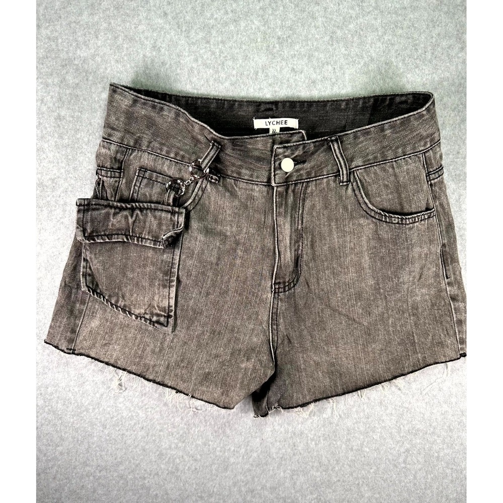 Lychee the Label Starfruit Denim Shorts Womens XL Gray Chain Pocket Asymmetrical